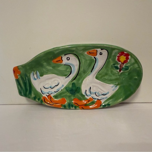 Italy Other - ITALY SPOON REST GREEN WHITE DUCKS GEESE BIRDS HAND PAINTED POTTERY HOME KITCHEN